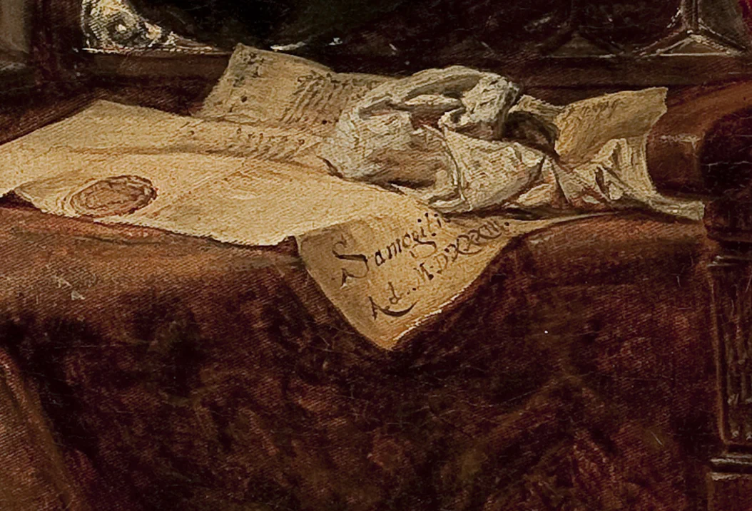 Obraz Stańczyk Jana Matejki, napis Samogitia, A.D. MDXXXIII