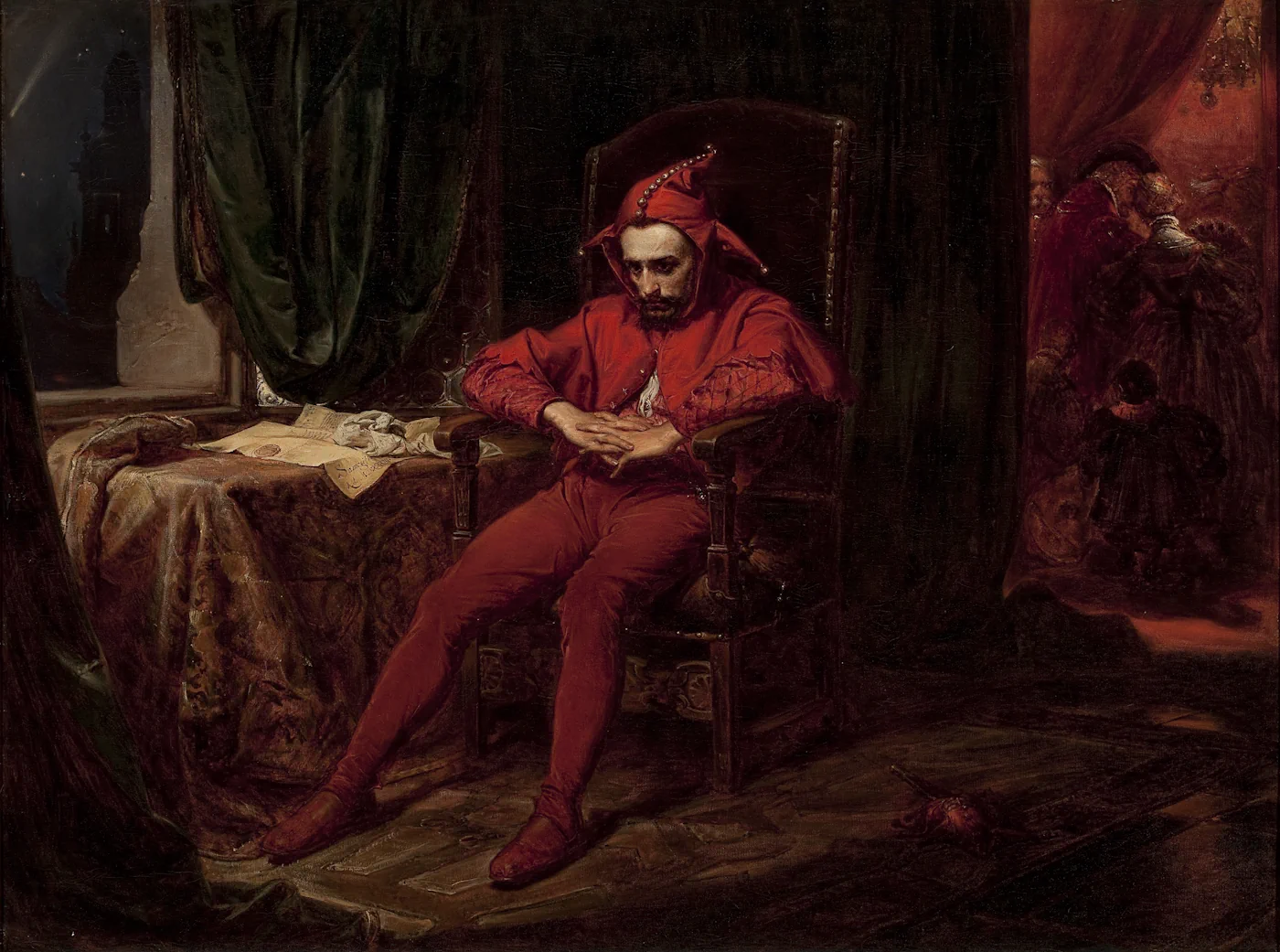 Jan Matejko - Stańczyk - Stańczyk w czasie balu na dworze królowej Bony wobec straconego Smoleńska