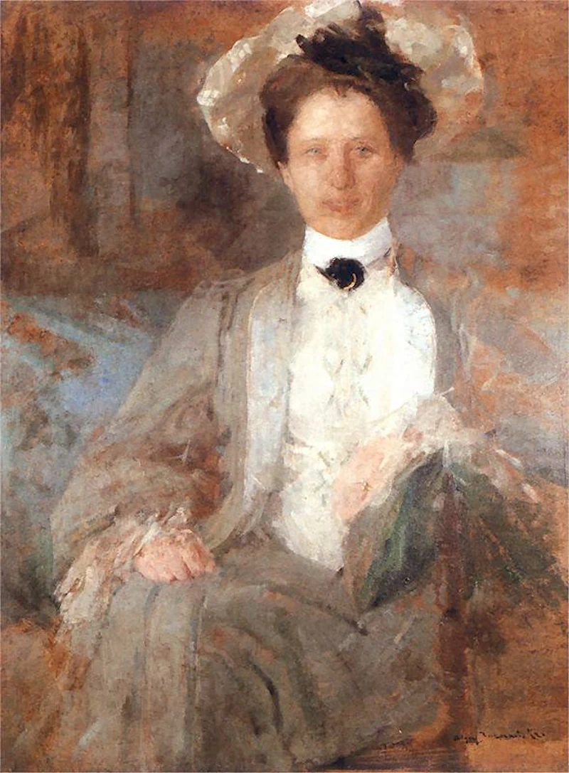 Portret pani w białym kapeluszu, 1906, olej na tekturze, 107 × 80 cm, Muzeum Śląskie w Katowicach